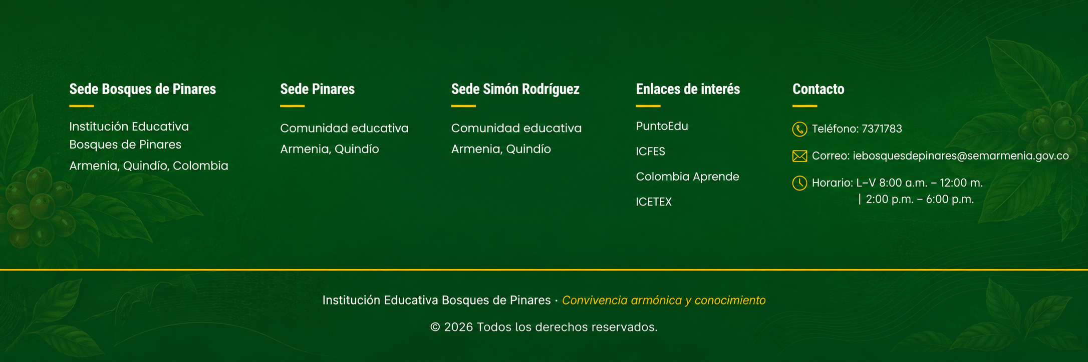 Información de contacto de la Institución Educativa Bosques de Pinares